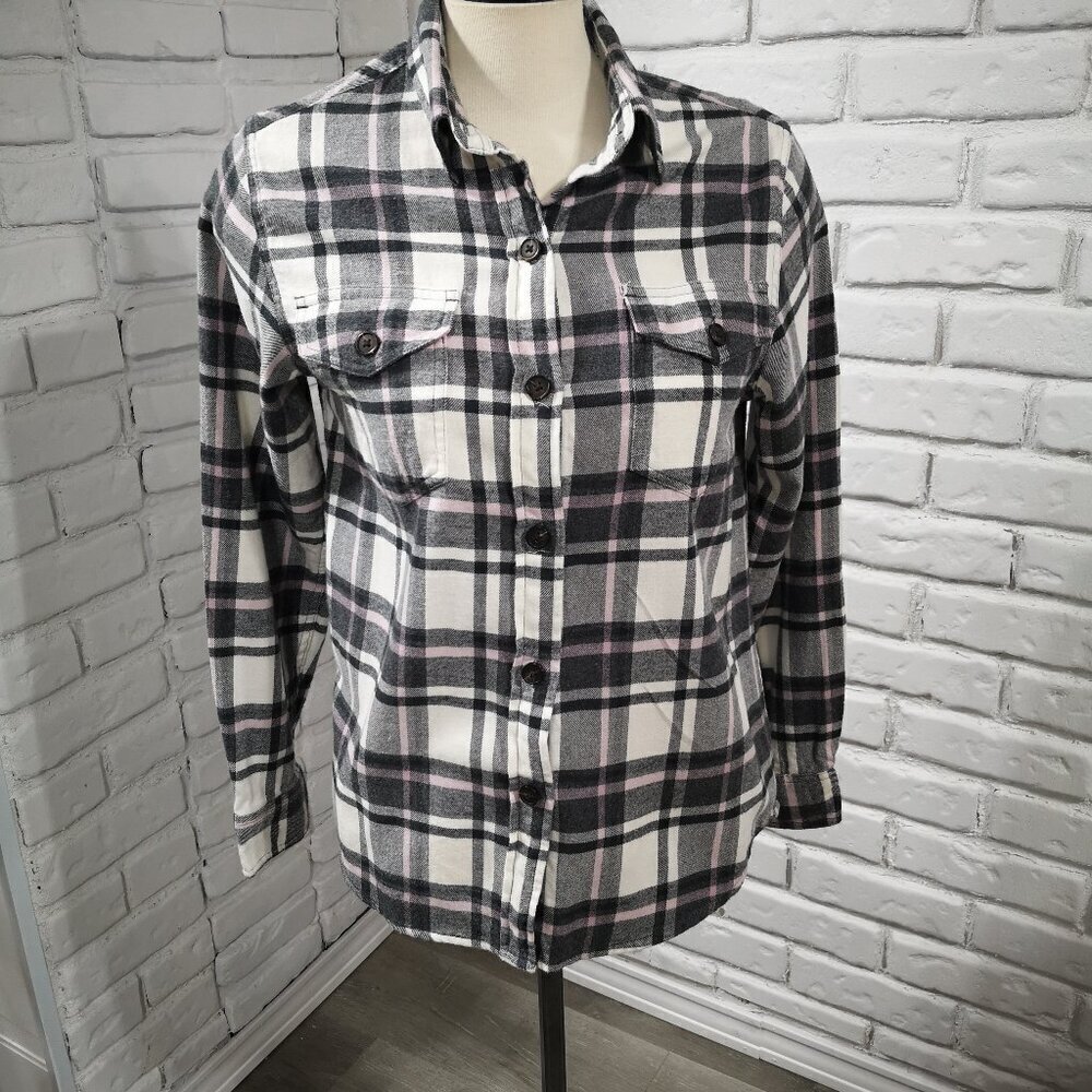 Tilley Ladies Size Small Button Front Grey, Pink, & White Plaid Shirt